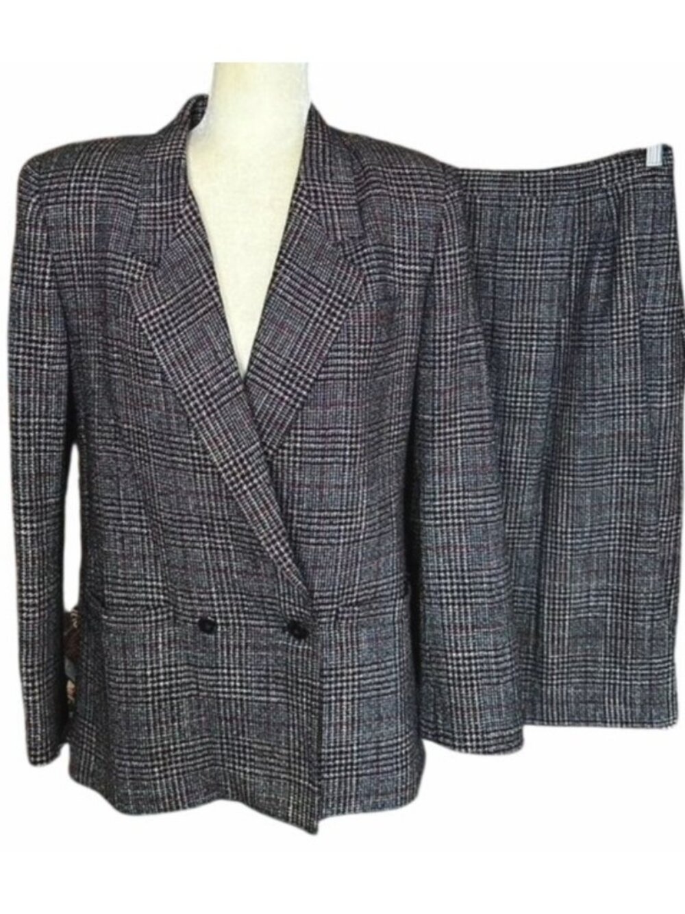 Vintage 80s En Avance Glen Plaid Skirt Suit Double Breasted Tweed Size 11/12